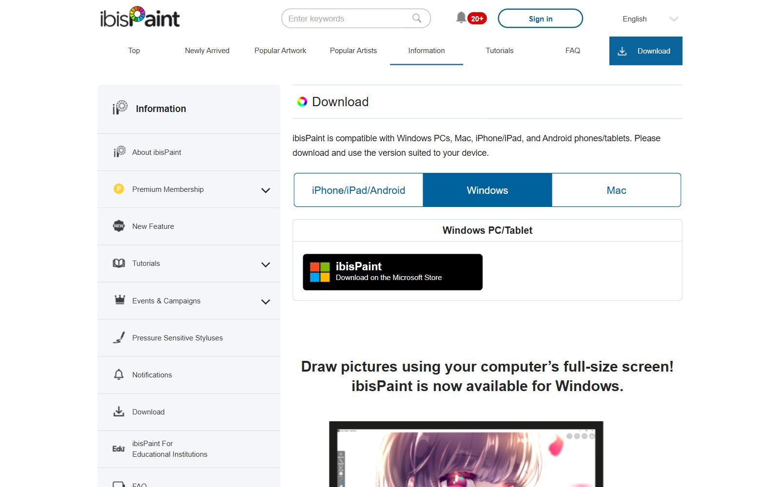 ibisPaint download page screenshot showing Windows, Mac, iPhone, iPad and Android versions (October 2026)