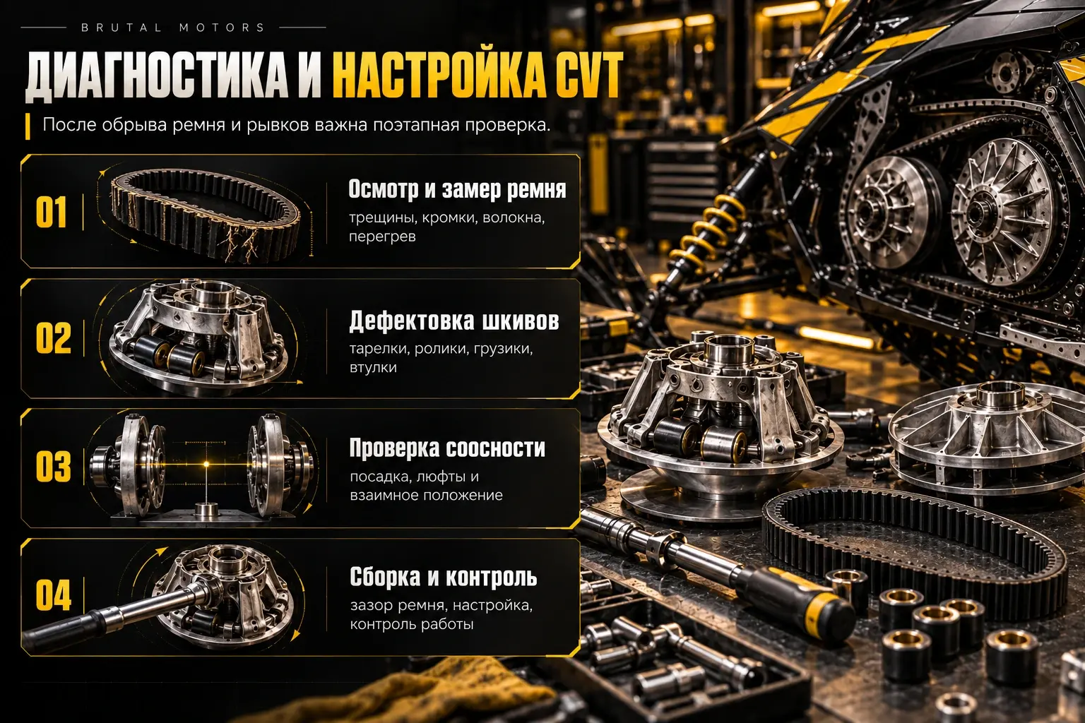 Диагностика вариатора: осмотр ремня, шкивов, соосность и настройка