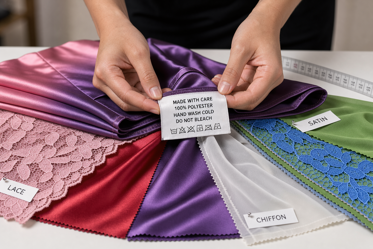 Hands inspecting a dress label and different fabric swatches on a table, showing textures like lace, satin, and chiffon, neutral background