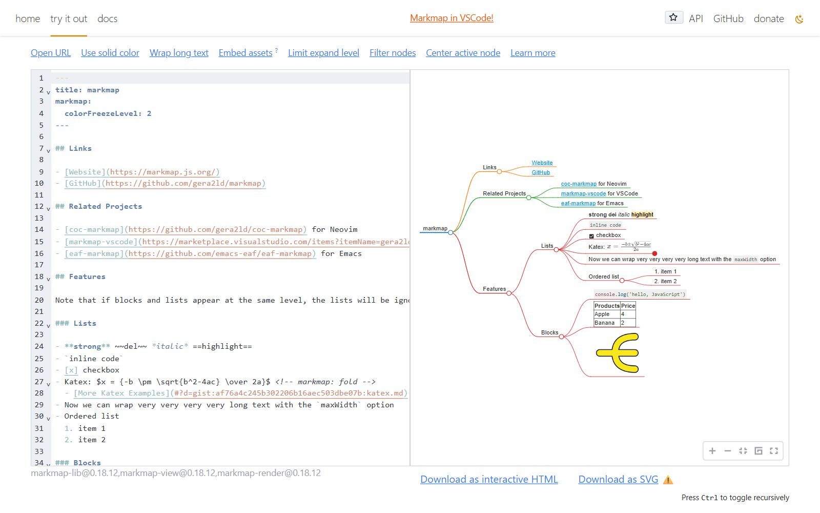 Markmap Markdown to mind map editor screenshot (October 2026)