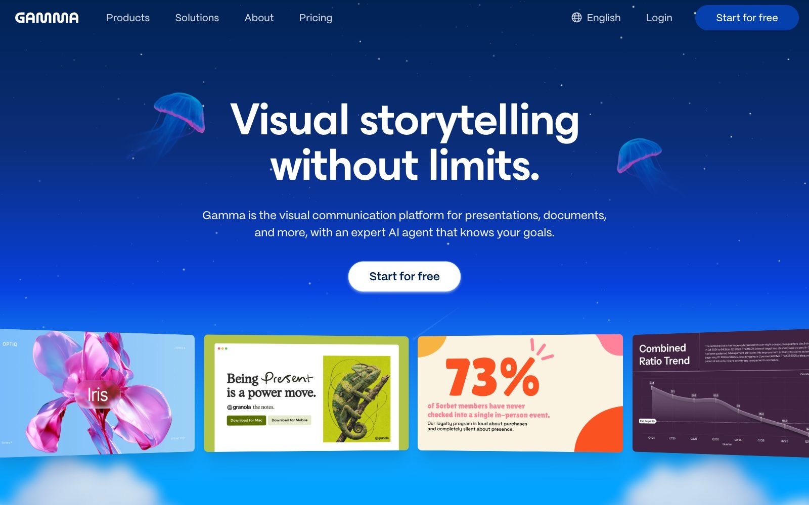 Gamma homepage screenshot: AI tool for presentations, docs and one-page sites