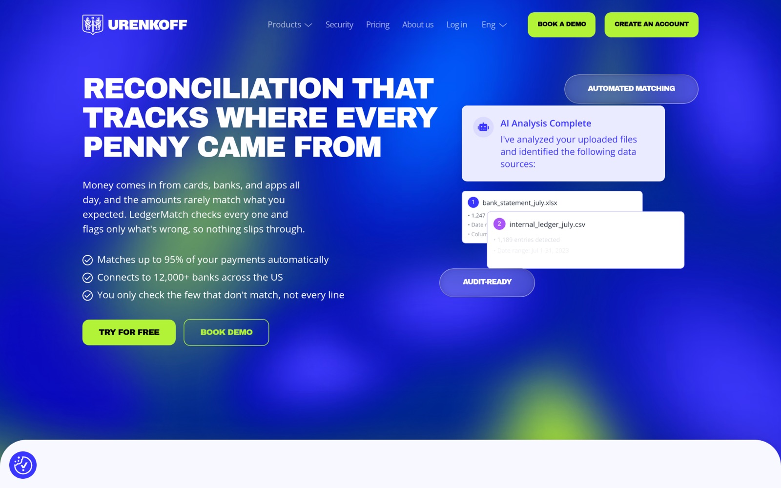 Urenkoff homepage: AI reconciliation software that tracks where every penny came from