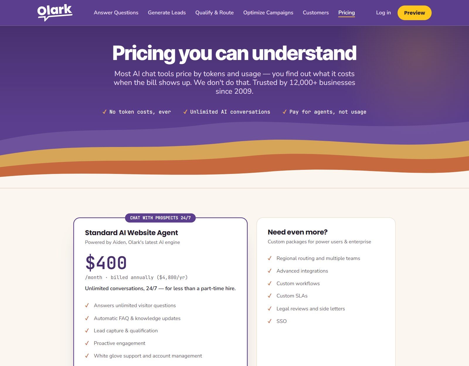 Olark pricing page screenshot (October 2026): Standard AI Website Agent at $400 a month billed annually