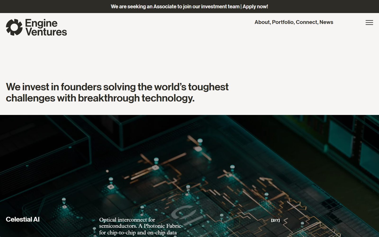 Engine Ventures homepage screenshot: We invest in founders solving the world's toughest challenges (October 2026)