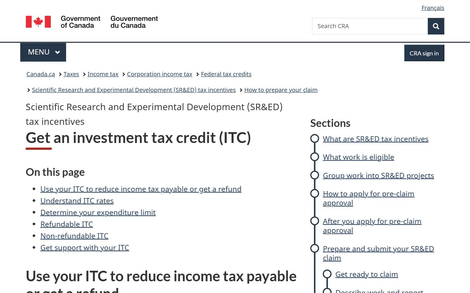 Canada Revenue Agency page on getting an SR&ED investment tax credit, screenshot (October 2026)