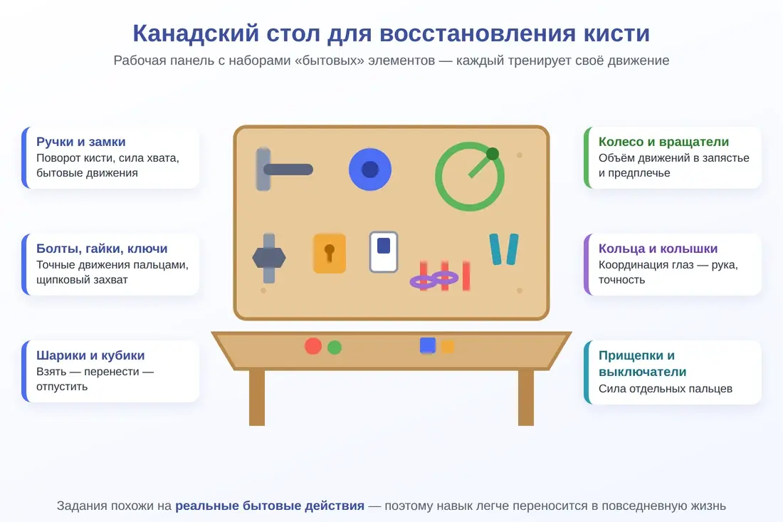 Канадский стол для реабилитации кисти: ручки, замки, болты, колесо, кольца, прищепки