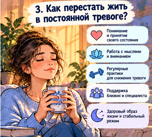 Как перестать жить в постоянной тревоге: понимание своего состояния, работа с мыслями, регулярные практики, поддержка близких и здоровый режим
