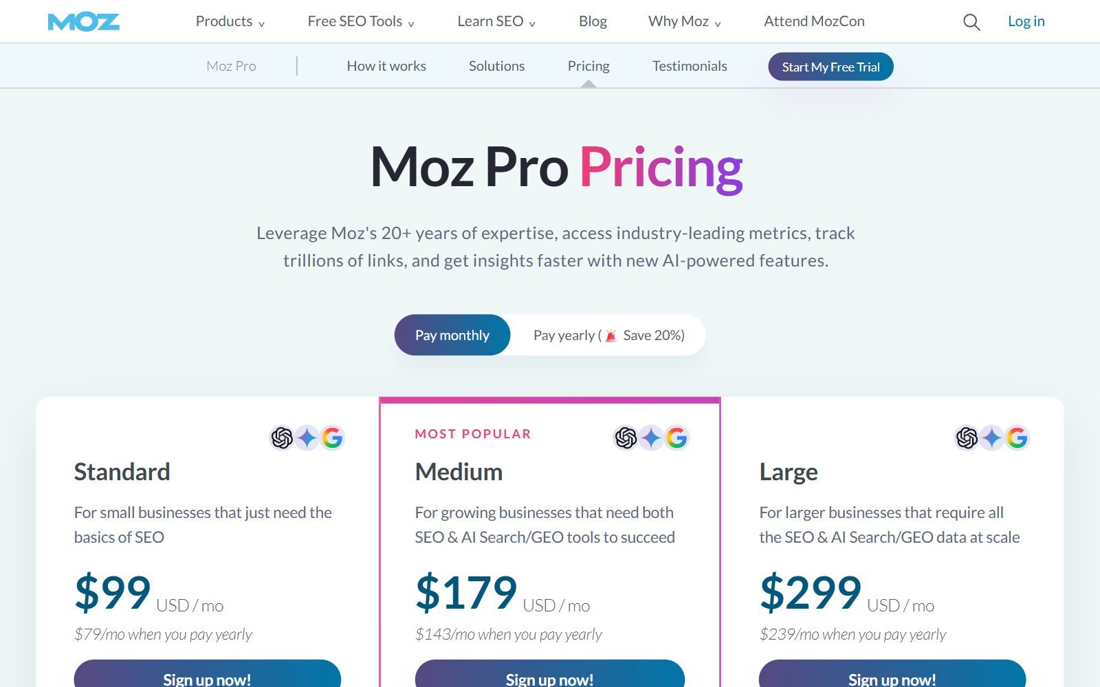 Moz Pro pricing page screenshot showing the Standard, Medium and Large plans in US dollars (October 2026)