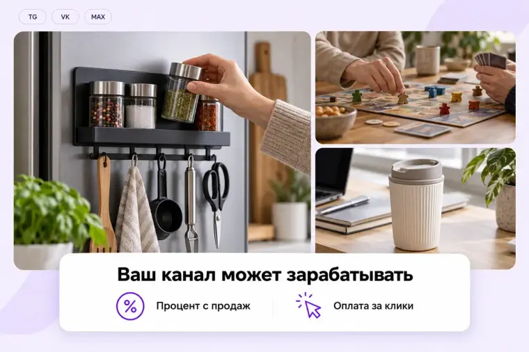 Коллаж товаров: аксессуары для кухни, настольная игра и термокружка