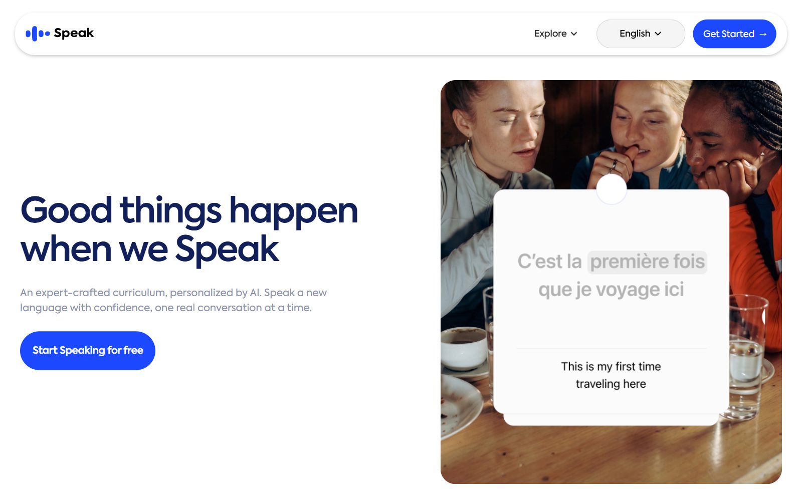 Speak AI language learning app homepage screenshot (October 2026)