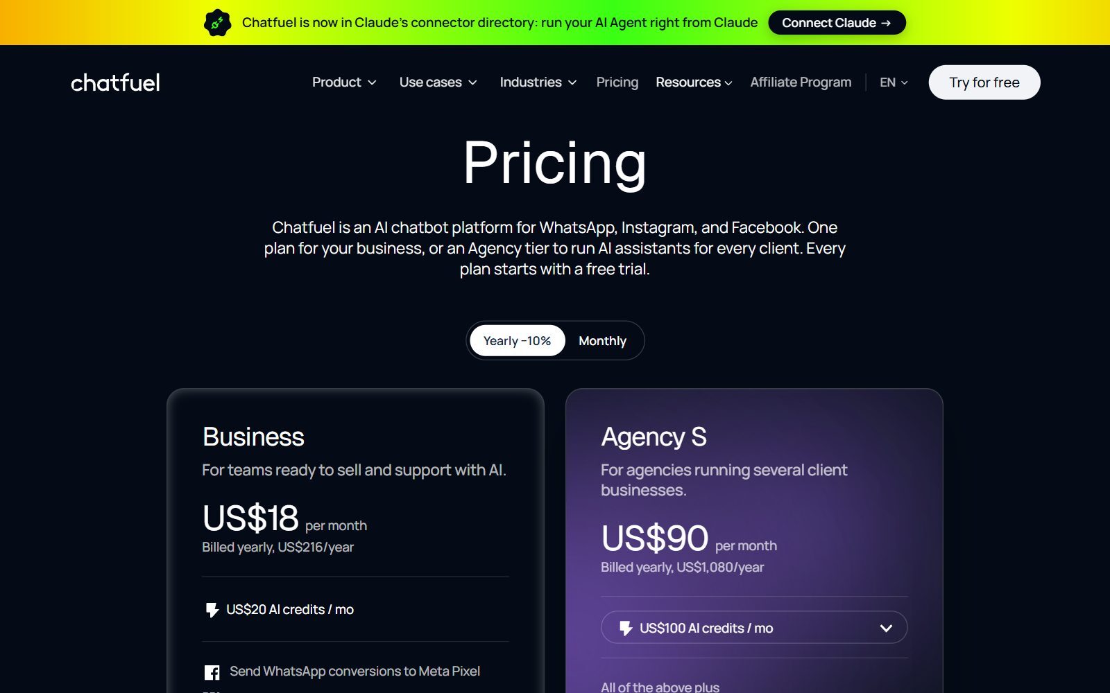 Chatfuel pricing page screenshot showing the Business and Agency S plans (October 2026)
