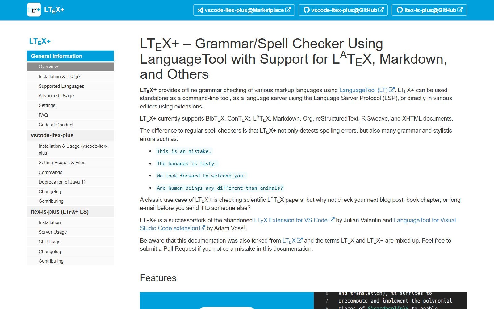 LTeX+ documentation homepage screenshot (October 2026)