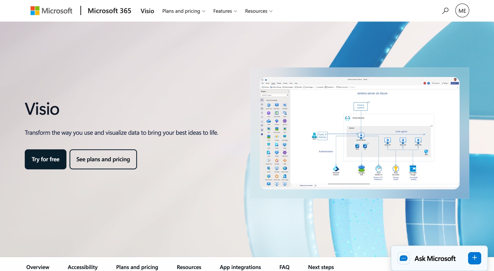 Microsoft Visio homepage screenshot: Microsoft's diagramming and flowchart app