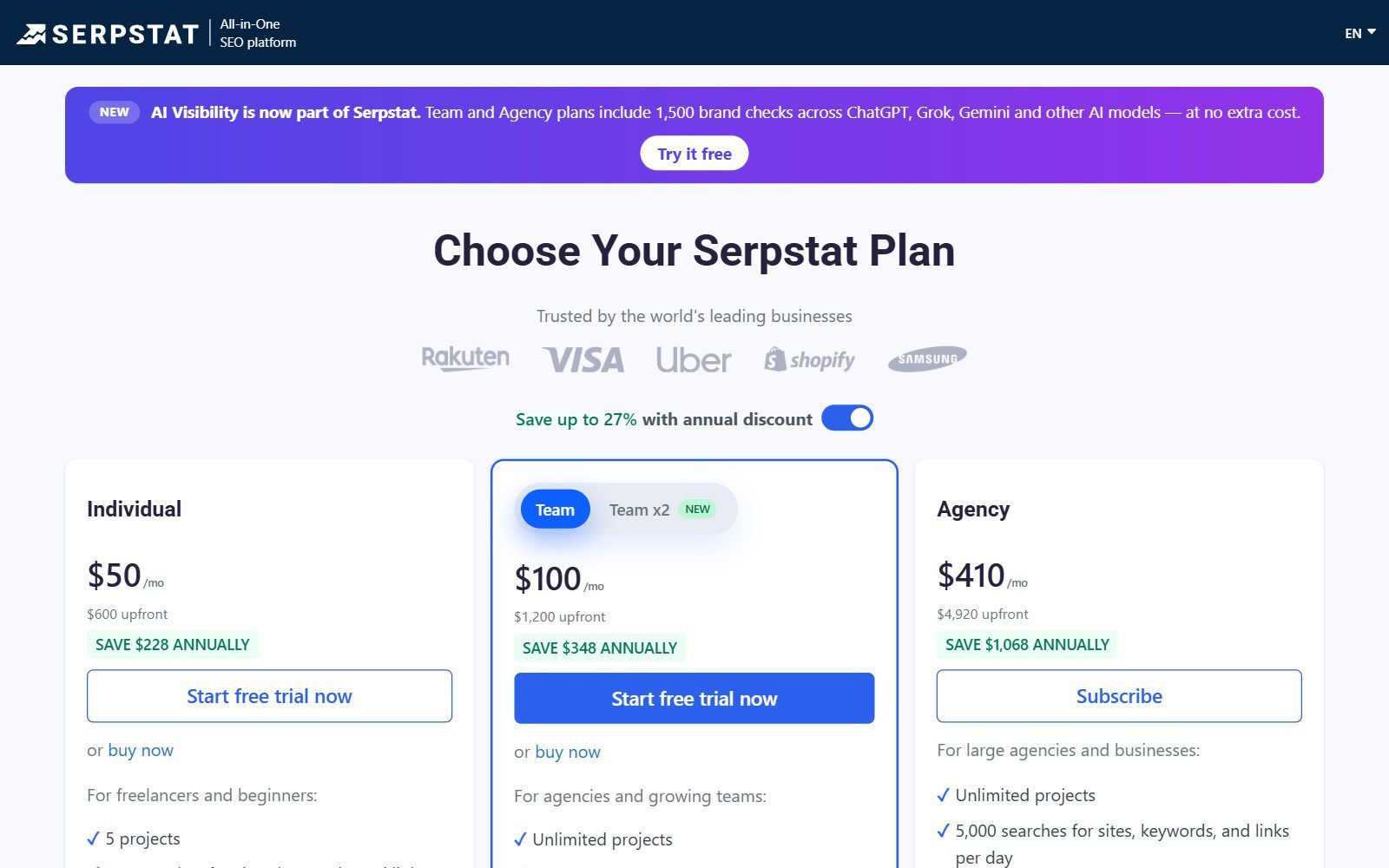 Serpstat pricing page screenshot showing Individual, Team and Agency plans on yearly billing (October 2026)