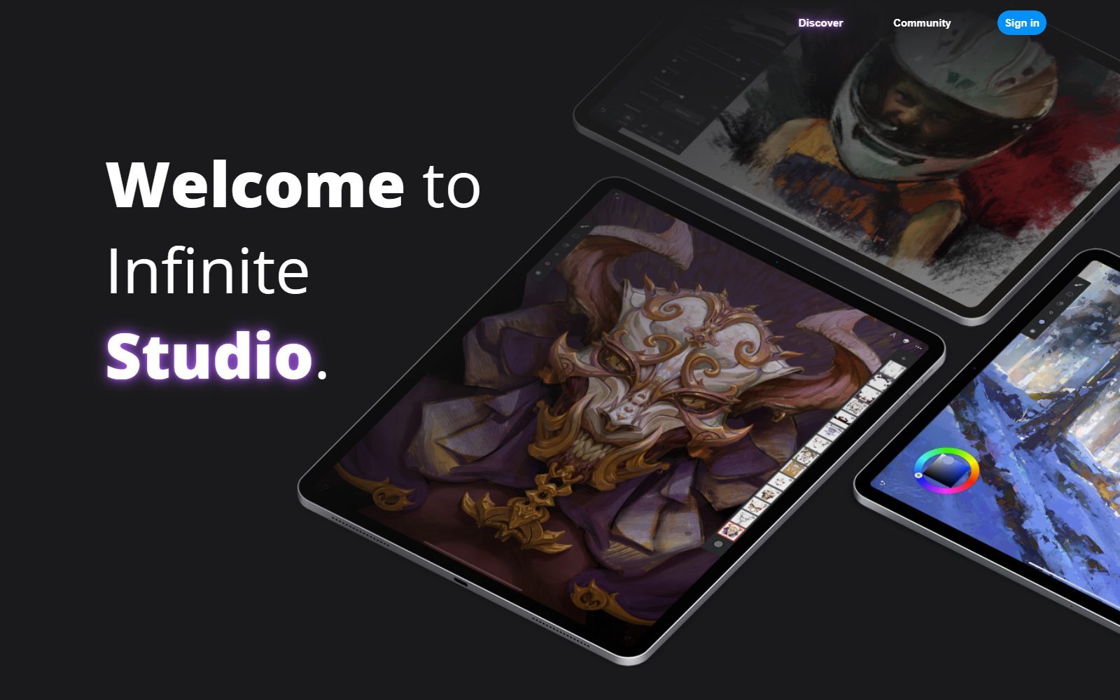 Infinite Studio homepage screenshot showing Infinite Painter on tablets (October 2026)