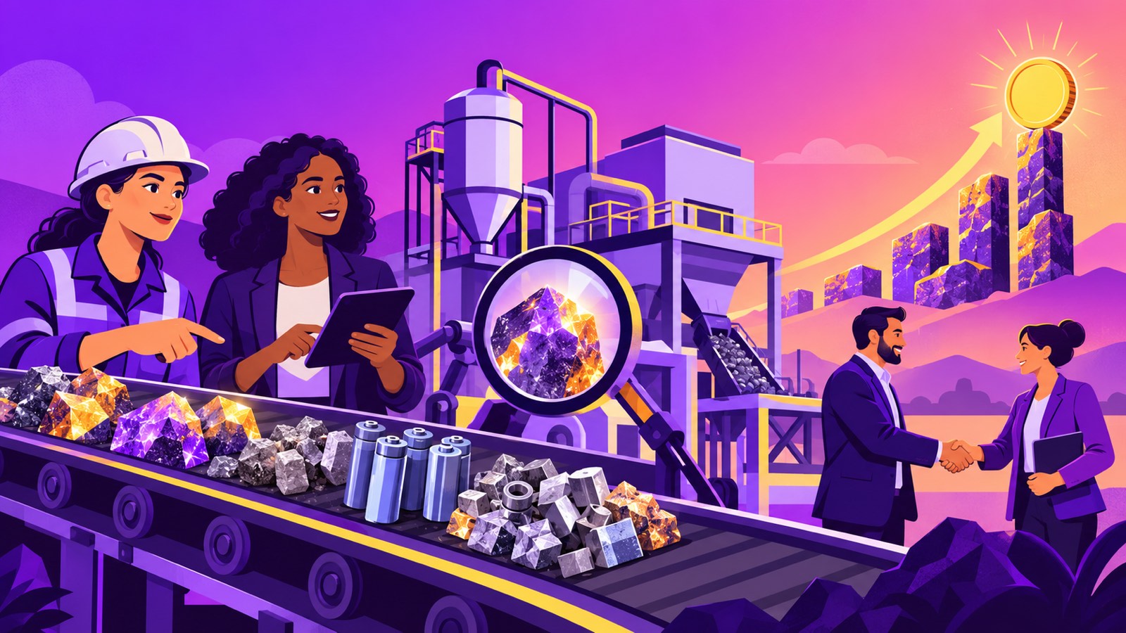 EIT RawMaterials funding illustration: two women founders at a pilot recycling plant with ore, battery cells and a handshake with an industrial partner