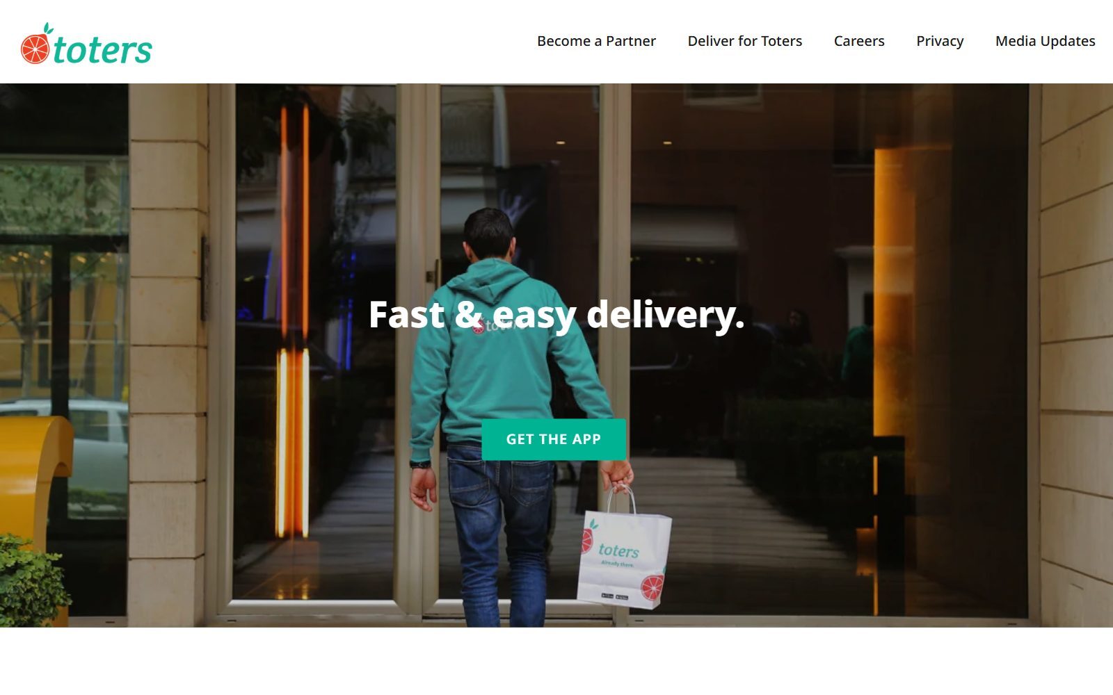 Toters delivery app homepage screenshot (October 2026)
