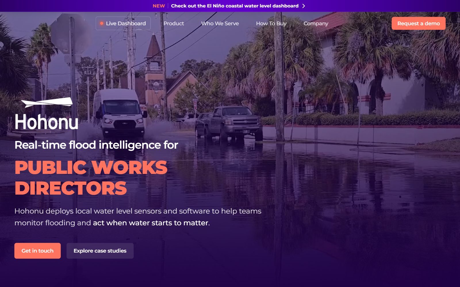 Hohonu real-time flood intelligence homepage screenshot (October 2026)