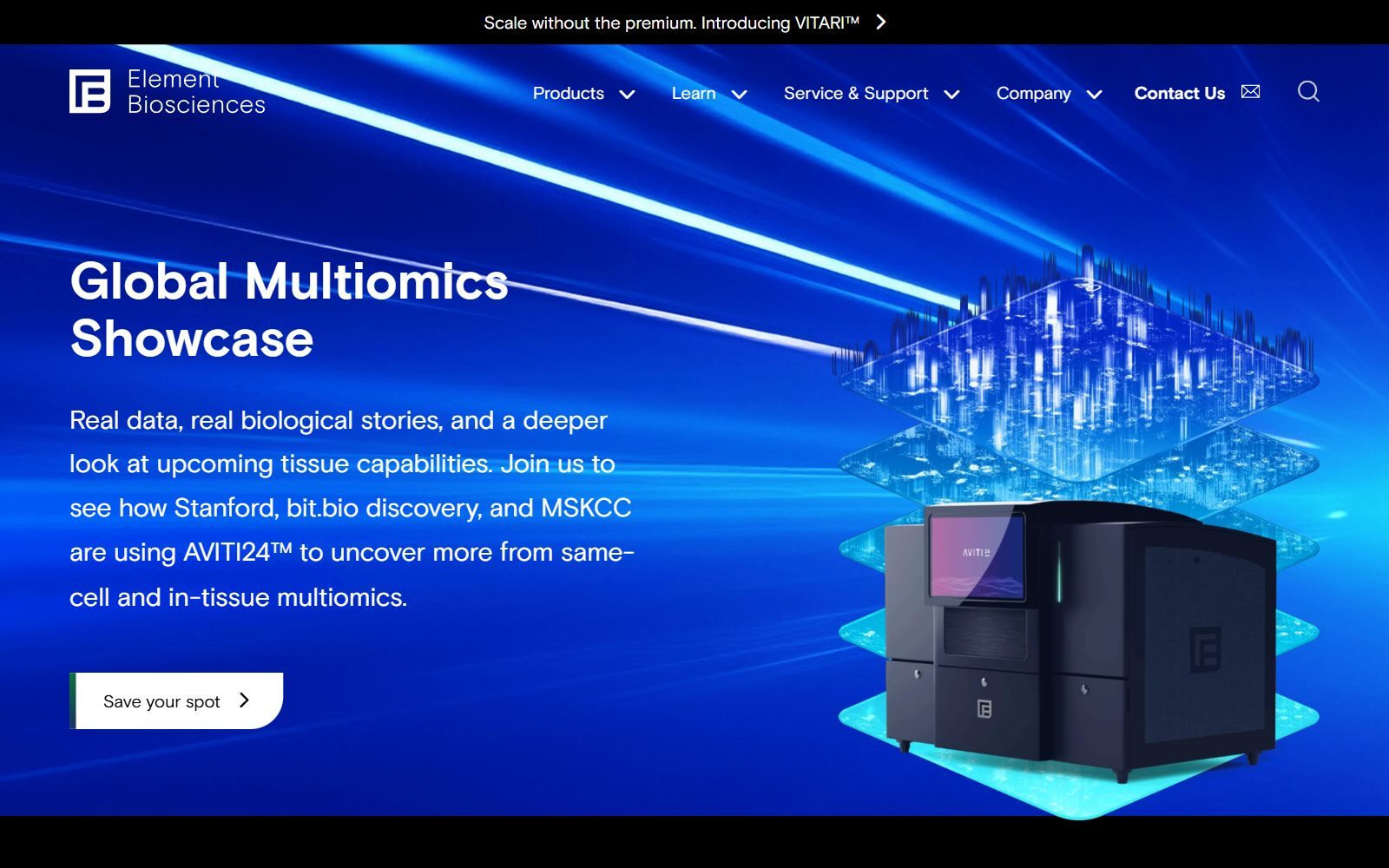 Element Biosciences homepage screenshot (October 2026)
