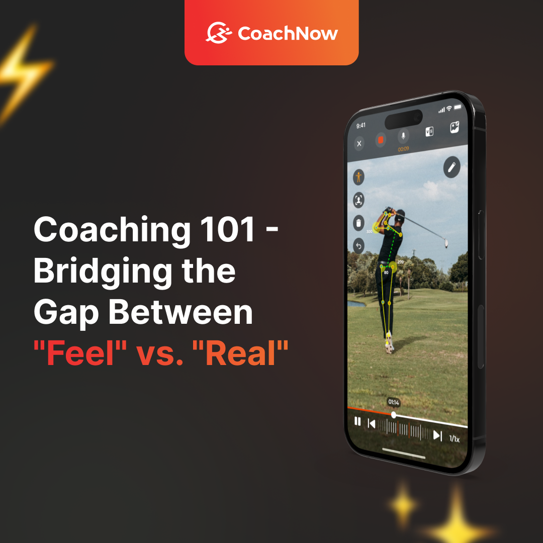 CoachNow Coaching 101 - Bridging the Gap Between &quot;Feel&quot; vs. &quot;Real&quot;. An iPhone 15 with a man swinging a golf club using skeleton tracking.