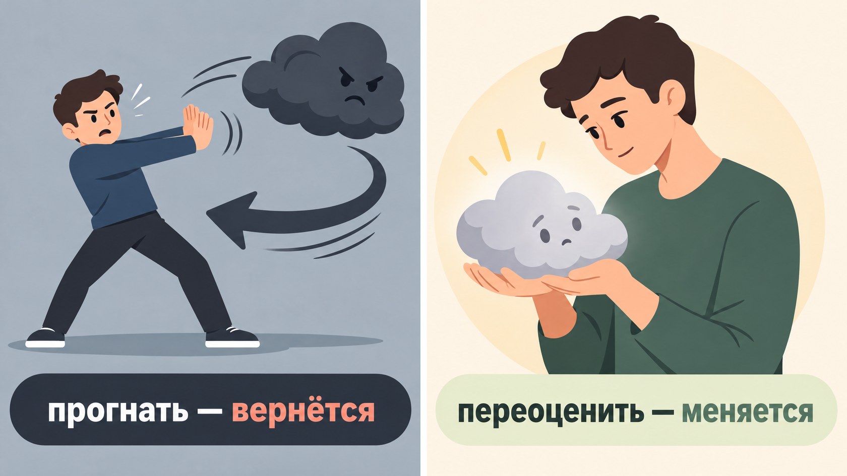 Отогнать негативную мысль нельзя — работает переоценка, а не подавление