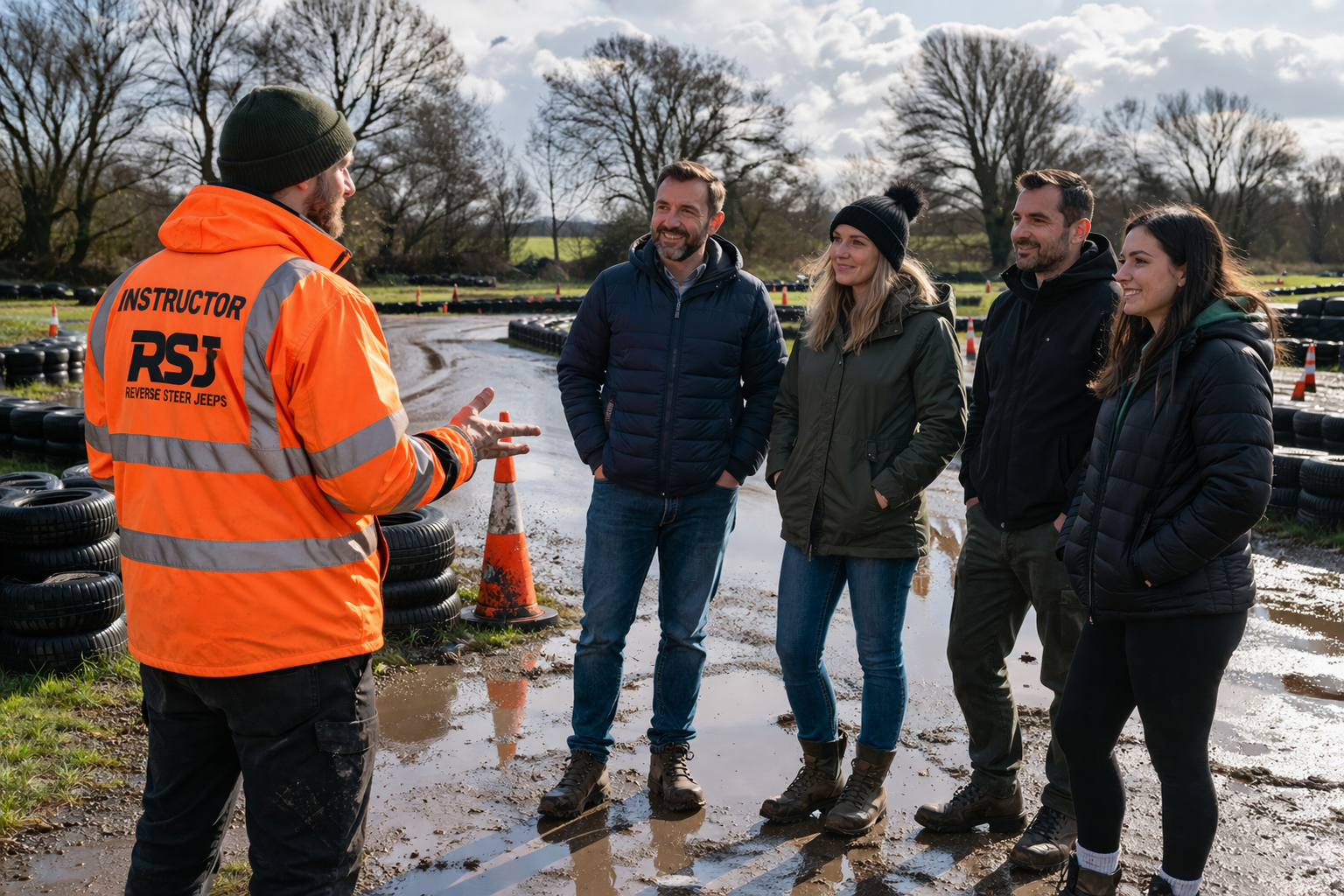 Instructor briefing a small group beside a tyre-lined track with cones on an Irish outdoor day