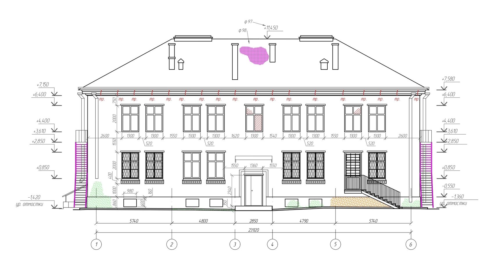 Схема расположения дефектов на главном фасаде здания.
