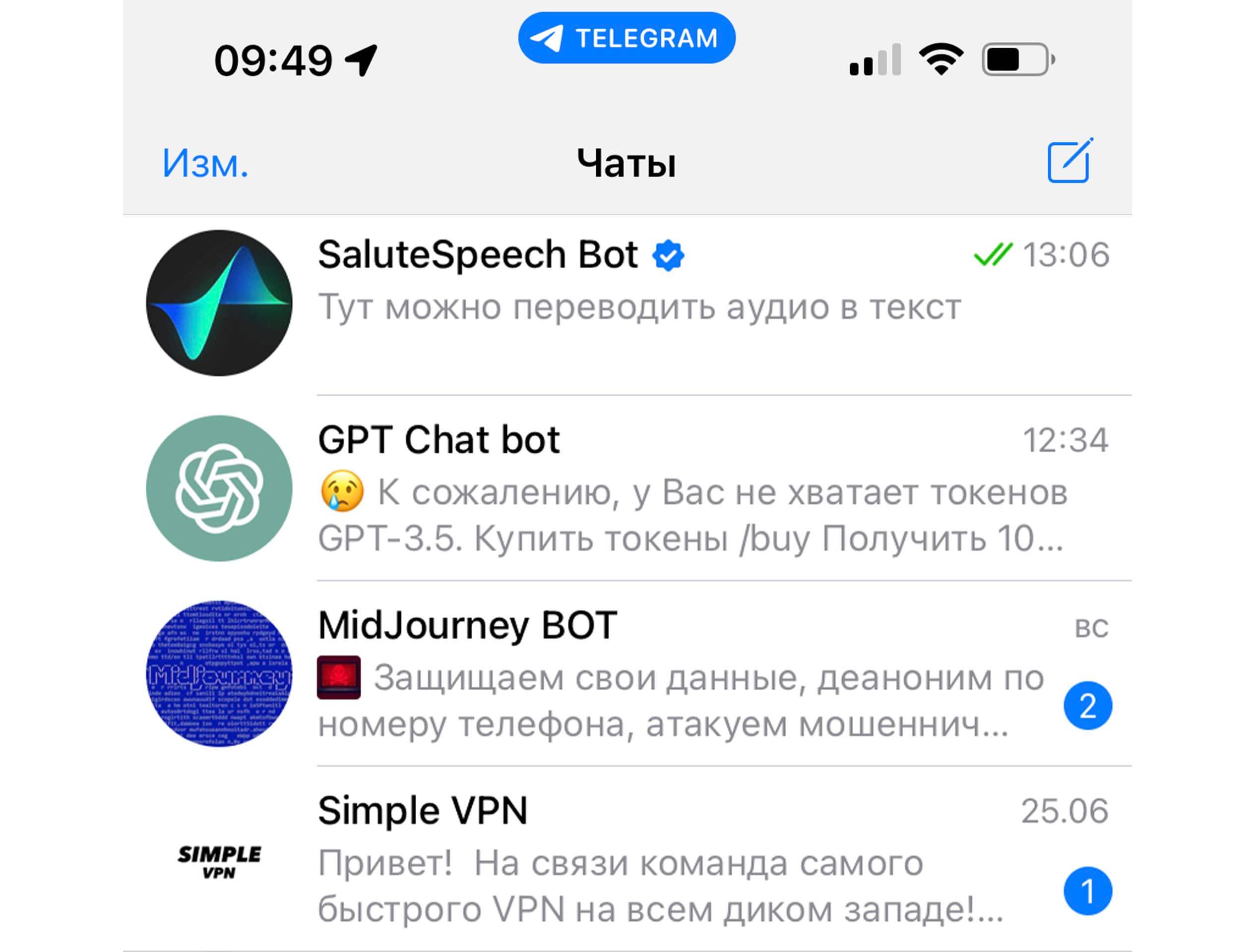 Список чатов в Telegram