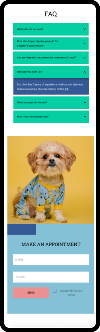 Мокап дизайна сайта ветеринарной клиники, госпиталя Joly. Разработка сайта в Тильда и Фигма. Мобильная версия.