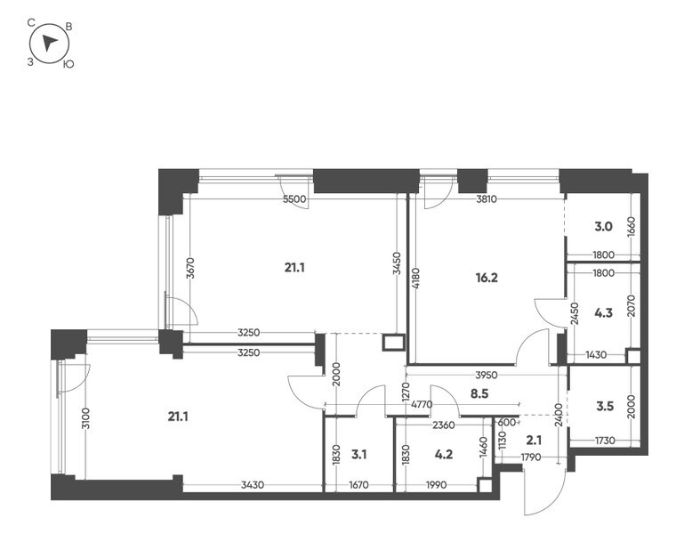 Планировка: 2-комнатная квартира 87,1 м² в ЖК «Шагал», корпус 2, 7-й этаж