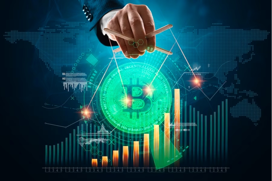 Crypto futures trading: An image of a hand handling a Bitcoin coin with strings