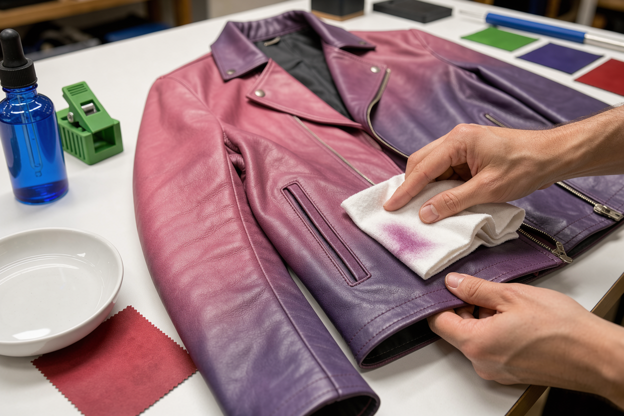Close-up of a hand testing leather colorfastness with a damp white cloth on the inside of a leather jacket, careful inspection visible