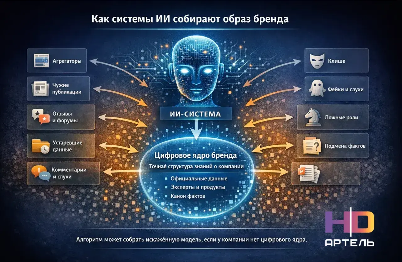 Инфографика от HD АРТЕЛЬ «Как системы ИИ собирают образ бренда» с цифровым ядром бренда и источниками искажения образа компании