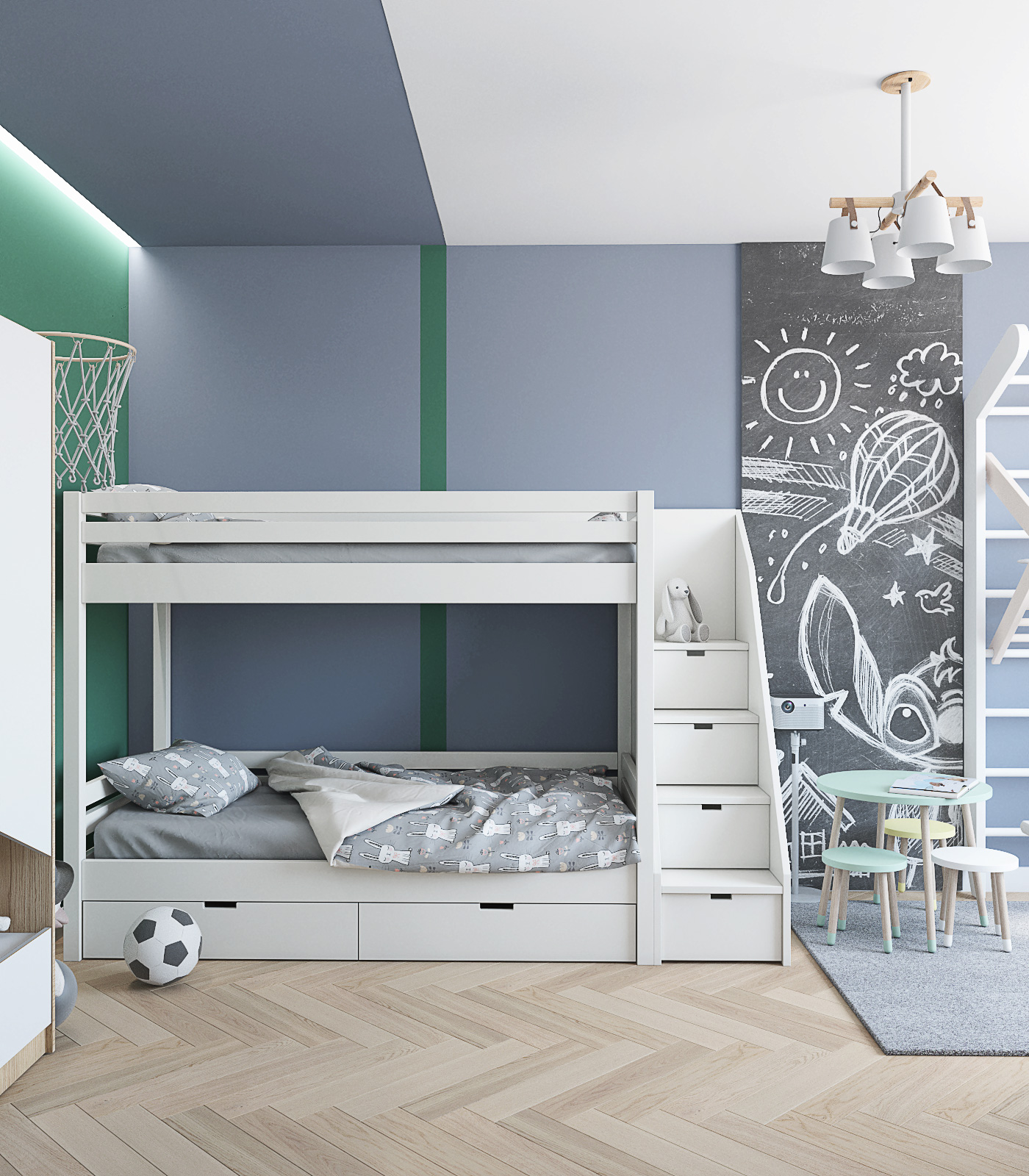 Детская для мальчиков с двухъярусной кроватью. Меловая доска . Синие и зеленые стены в детской. 