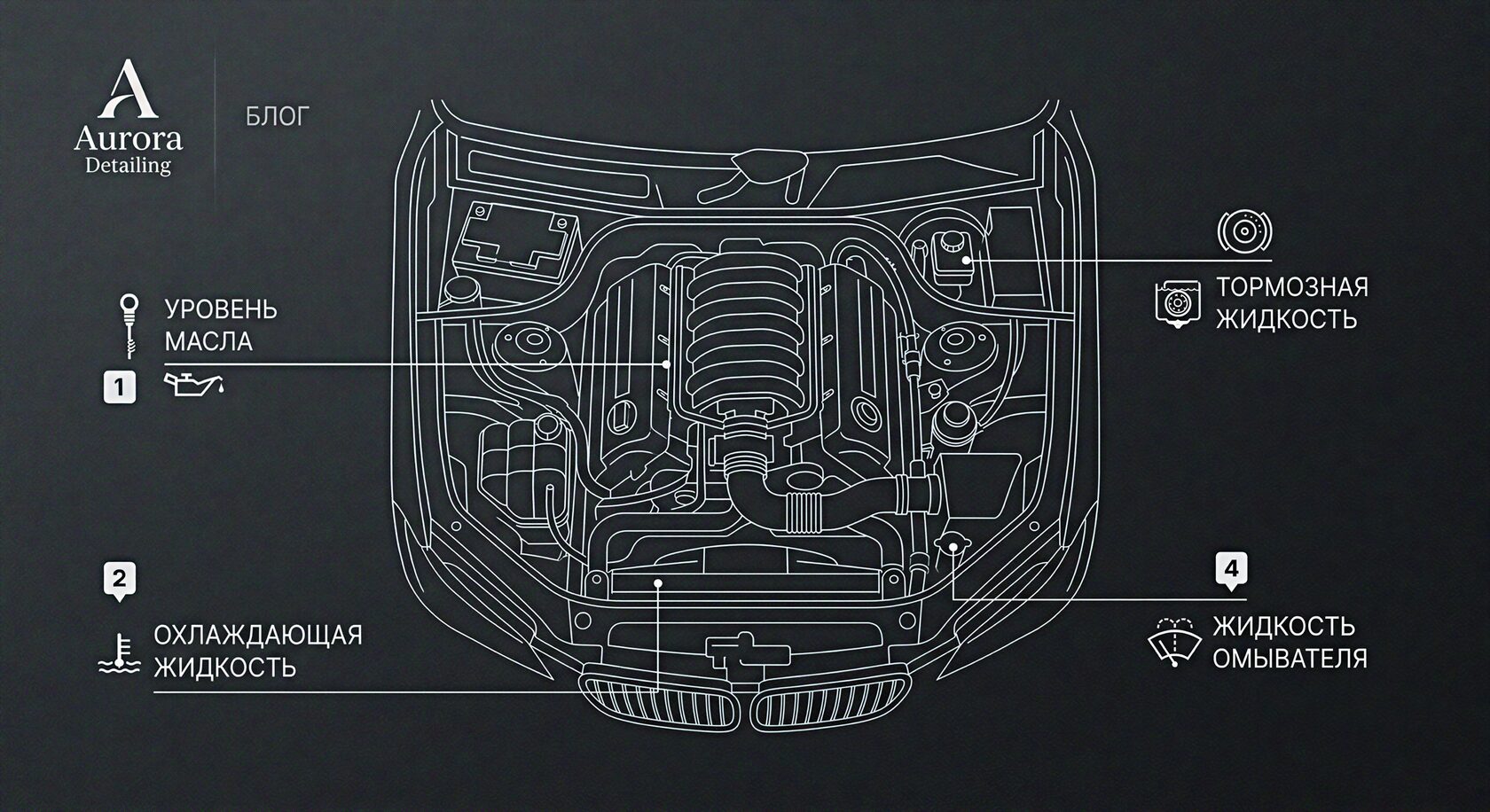 Схема подкапотного пространства с обозначенными точками проверки жидкостей