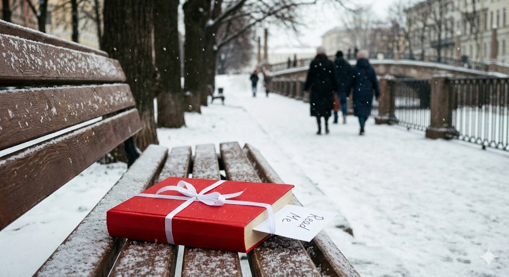 Книга оставленная на скамейке в парке для буккроссинга