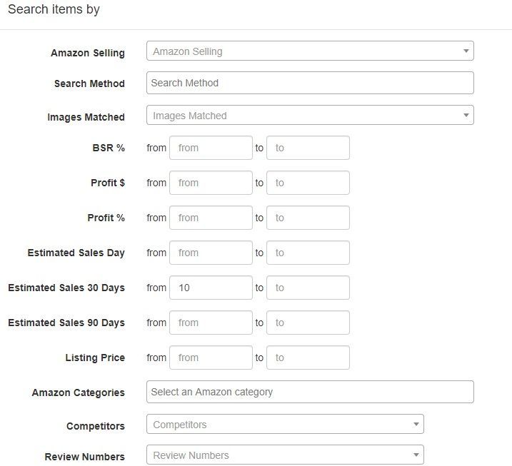 Additional filters can be applied to sort found dropshipping products by BSR, profit, estimated sales, competitors, etc.