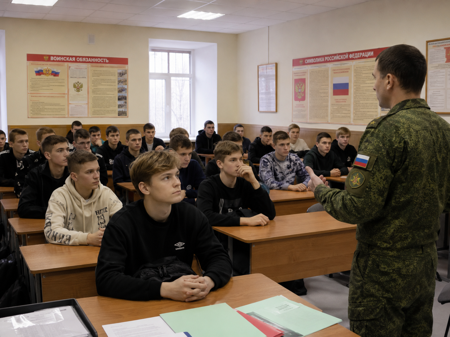 Приписное свидетельство и медкарта подростка на тёмном столе, спокойная деловая раскладка