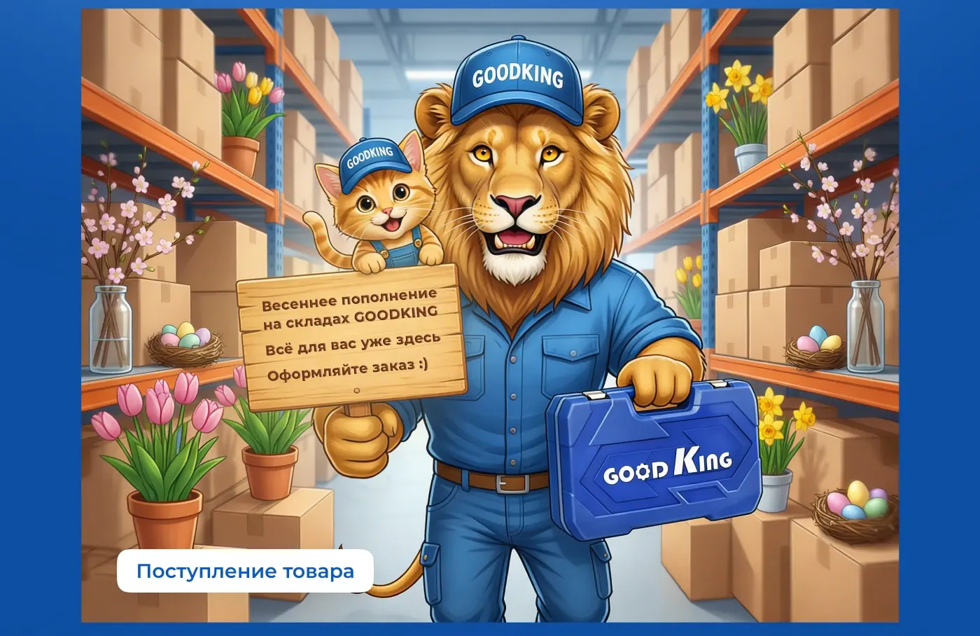 Баннер о весеннем пополнении складов GOODKING: ГудЛев и ГудКот приглашают оформить заказ