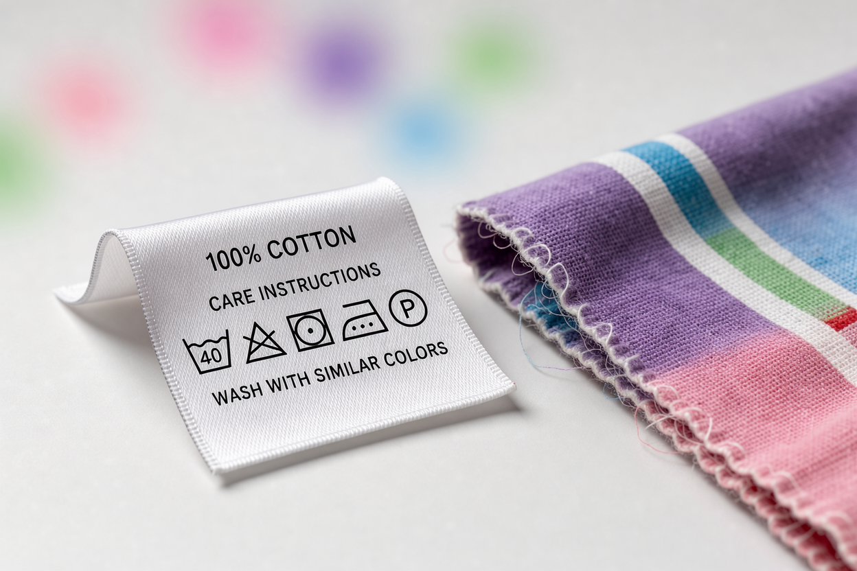 Macro shot of a cotton fabric care label with common wash symbols and a swatch of cotton textile nearby, no logos or product packaging