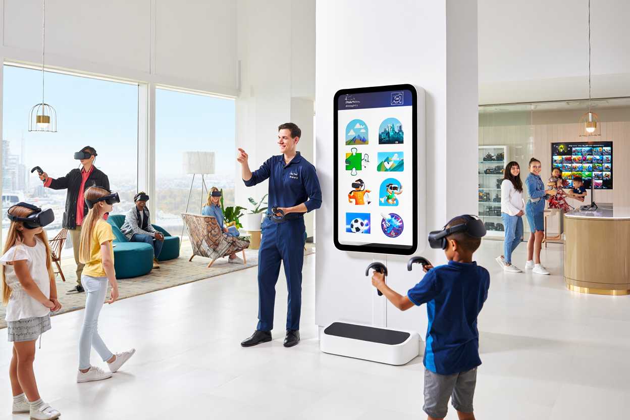 Профессиональный инструктор помогает новичку выбрать подходящую VR-игру в клубе виртуальной реальности