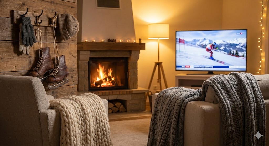 Уютный интерьер комнаты после зимней прогулки с коньками и камином