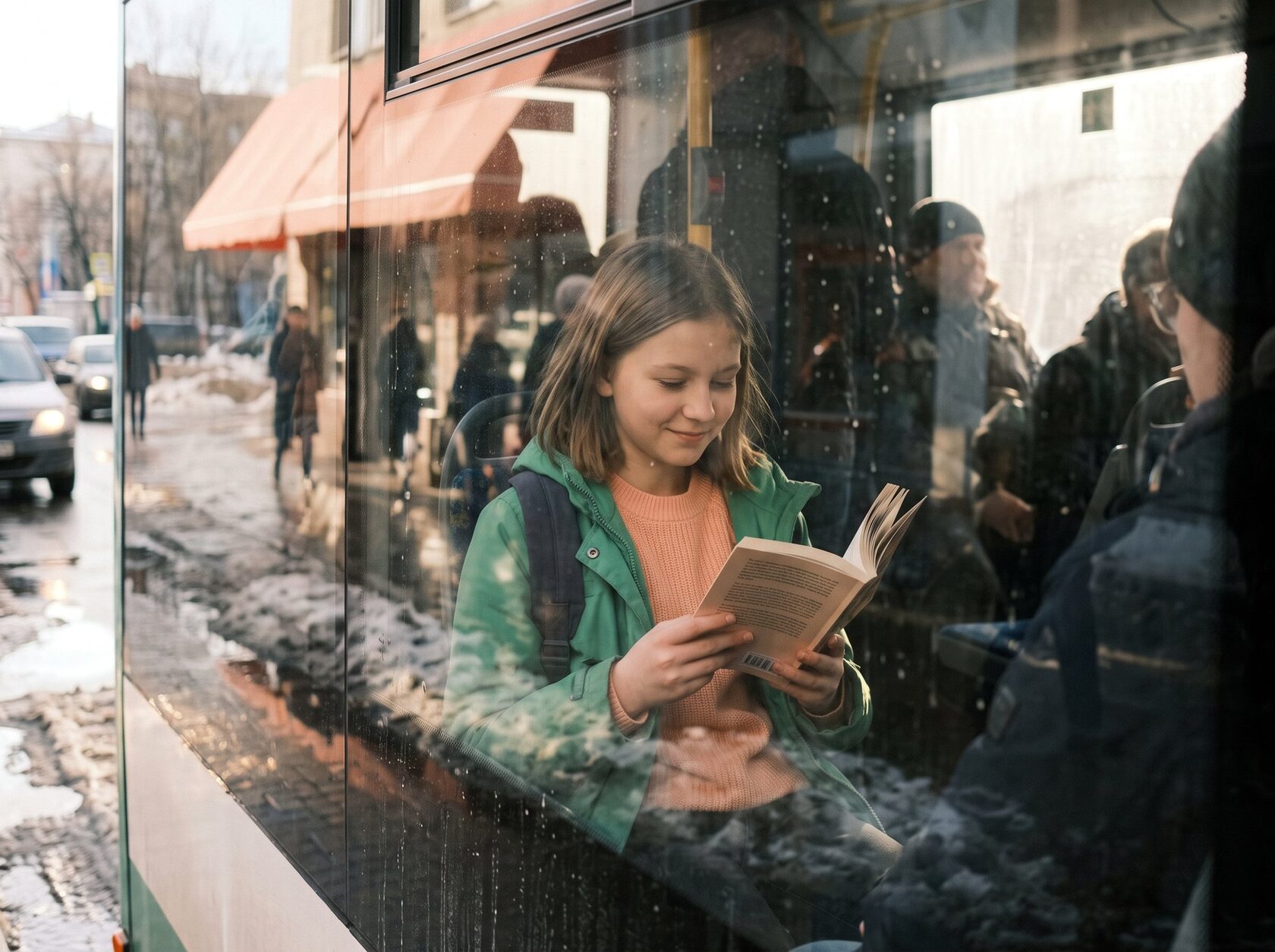 Девочка-подросток читает книгу в трамвае