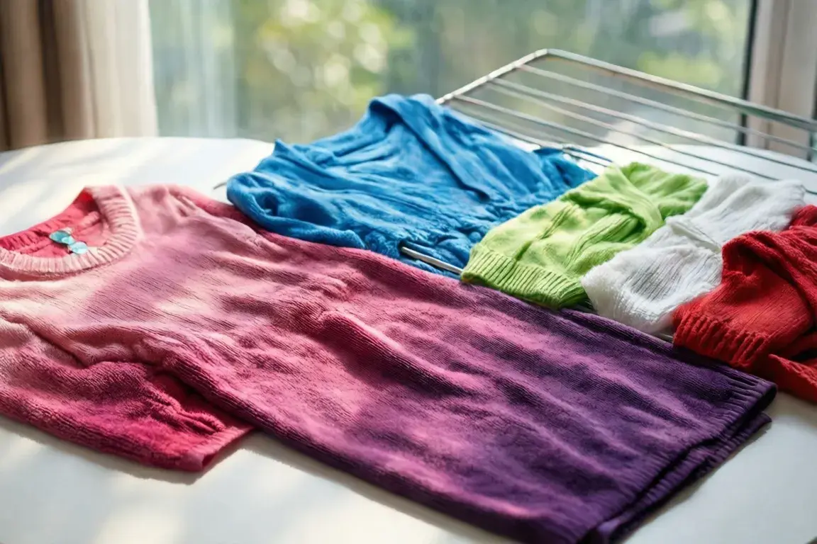 Delicate garments and knitwear laid flat to dry on a towel and drying rack, sunlight filtering through window