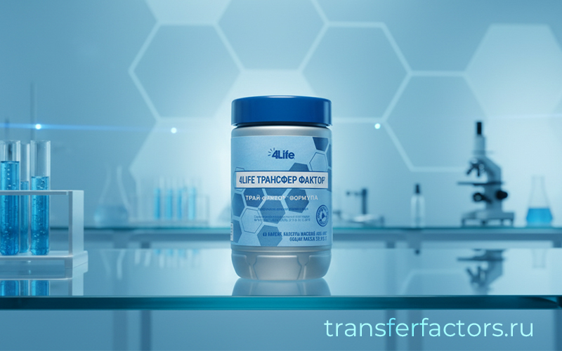 Банка 4Life Transfer Factor Tri-Factor Formula на лабораторном фоне — концепция «умного иммунитета» и обучающей поддержки клеточного ответа