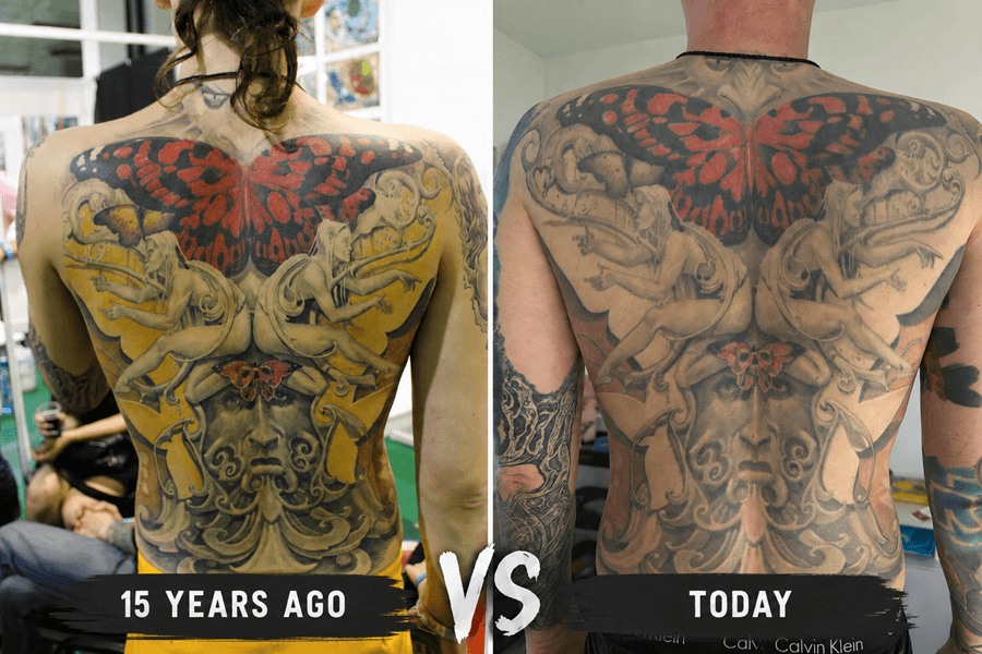 How to Make Your Tattoo Look Good for Decades, Before and after tattoo aging comparison showing a full back tattoo fresh 15 years ago versus today. Large butterfly back tattoo with black and gray realism demonstrating long-term ink retention, healed tattoo quality, and how a professionally done tattoo ages over time, 468