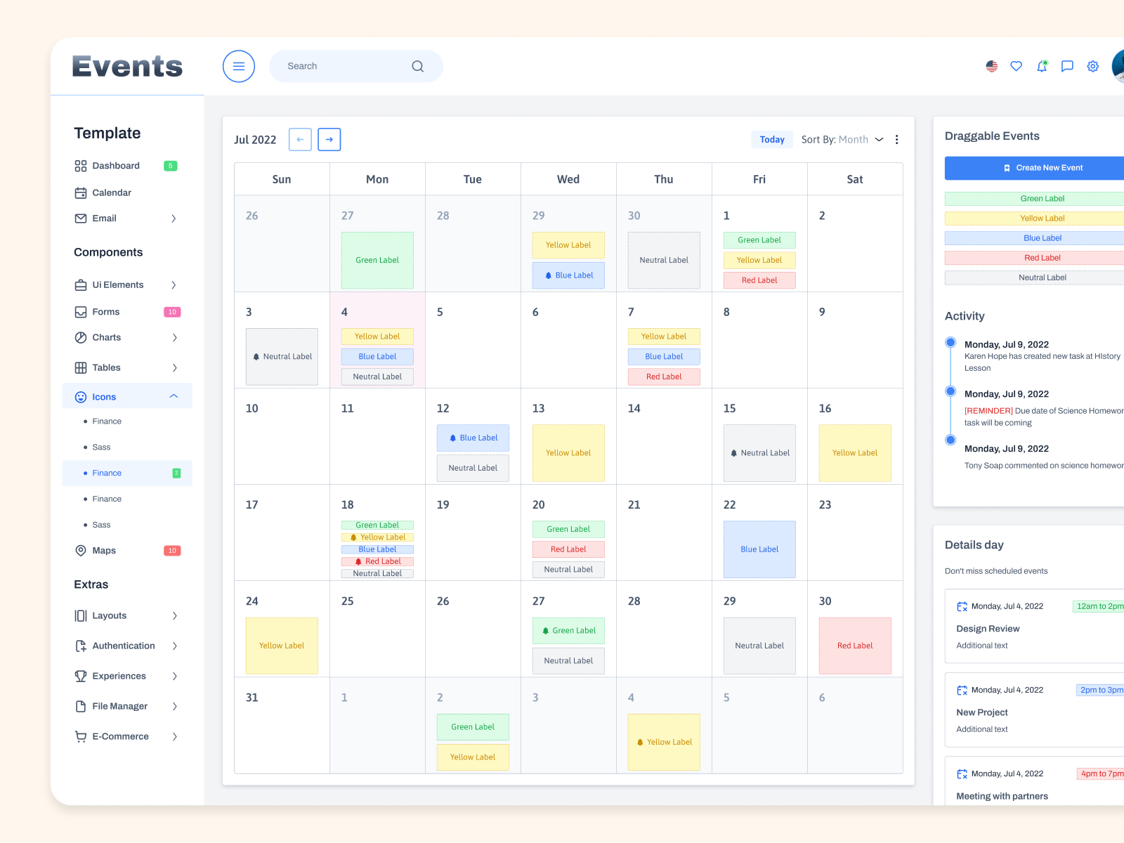 Dashboard Calendar Design Template With Events App