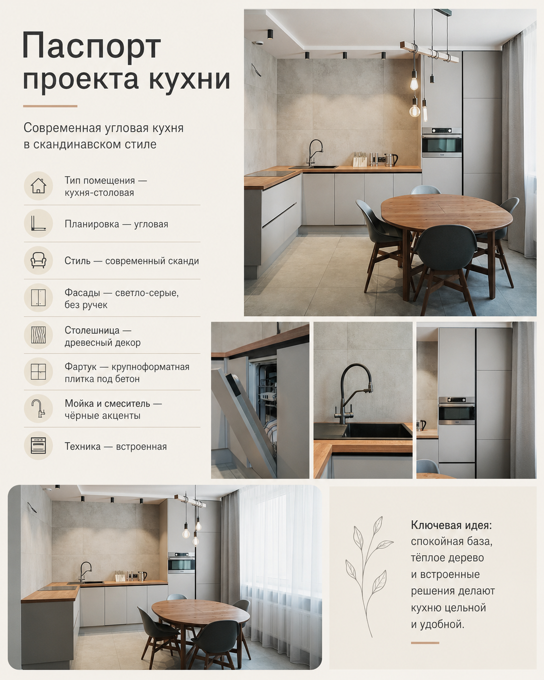 Паспорт проекта кухни в скандинавской палитре