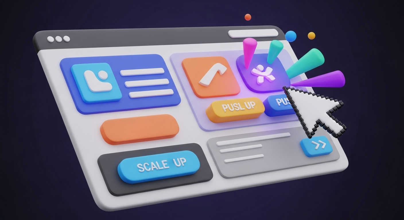 Концептуальная иллюстрация &amp;amp;quot;магии CSS&amp;amp;quot;: волшебная палочка (курсор) касается скучного сайта, оживляя его с помощью CSS анимации и плавных переходов.