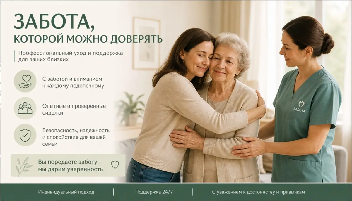 взрослая дочь обнимает пожилую маму, рядом стоит сиделка — момент знакомства и передачи заботы, атмосфера поддержки и понимания
